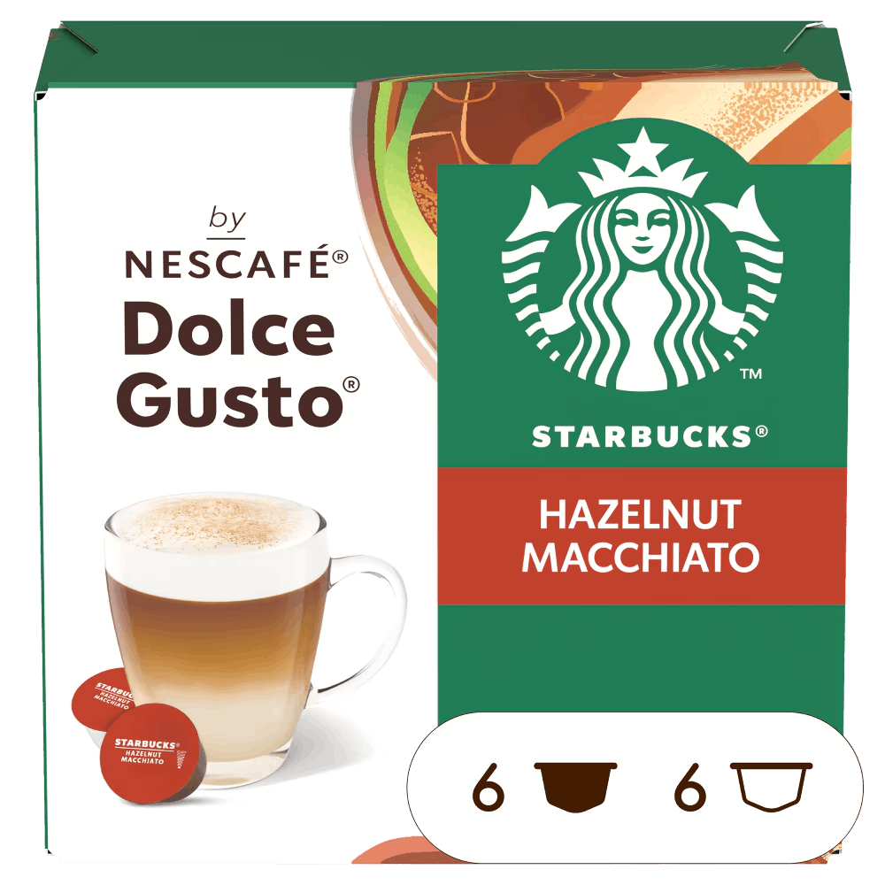 Vooraanzicht van de Starbucks® Hazelnut Macchiato doos