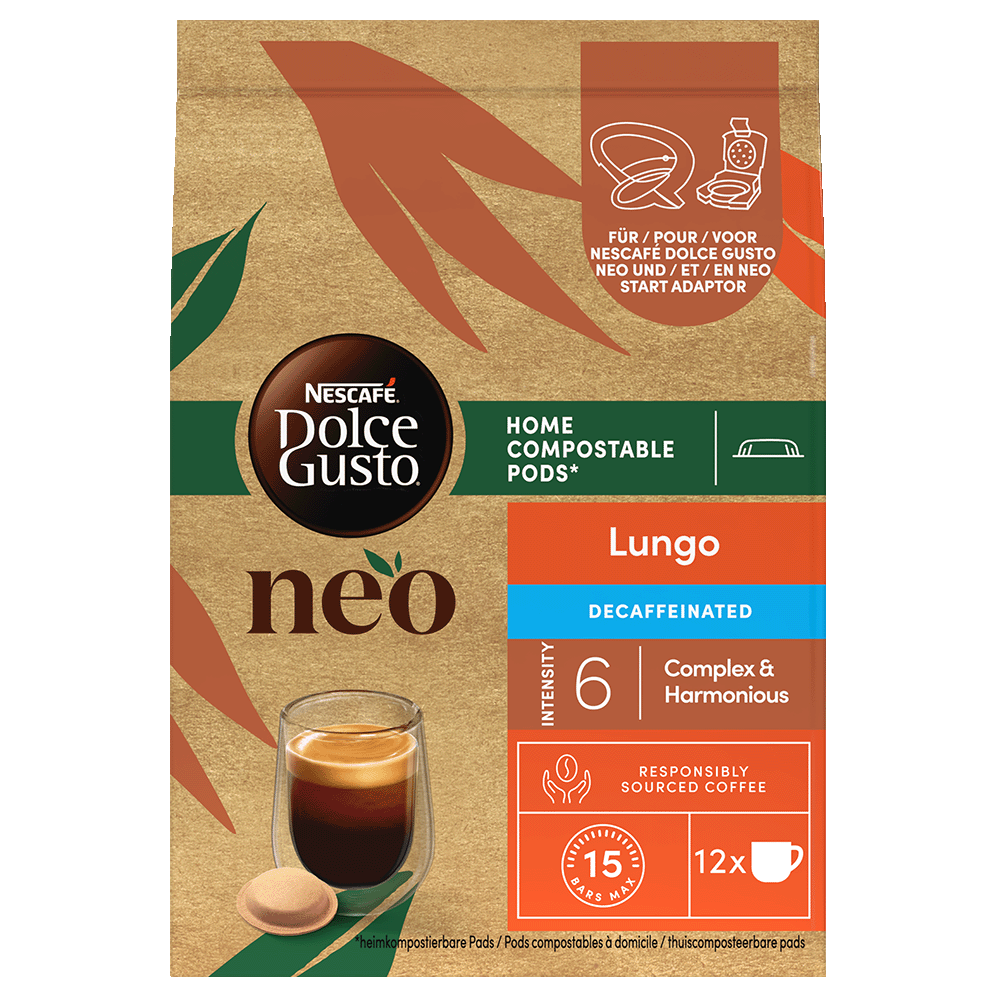verpakking van NEO Lungo Decaffeinato pads