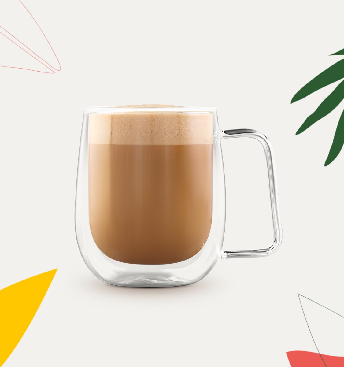 tak met bladeren naast een kop koffie met melk en een sachet