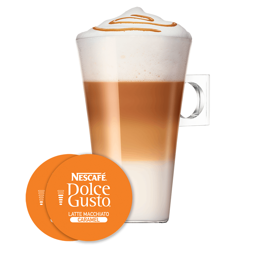 Capsule met kop koffie NESCAF&Eacute; Dolce Gusto Caramel Latte Macchiato 16 Capsules