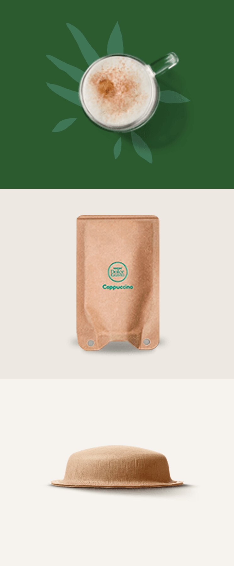 branche avec des feuilles &agrave; c&ocirc;t&eacute; d'une tasse, d'une capsule et d'un sachet