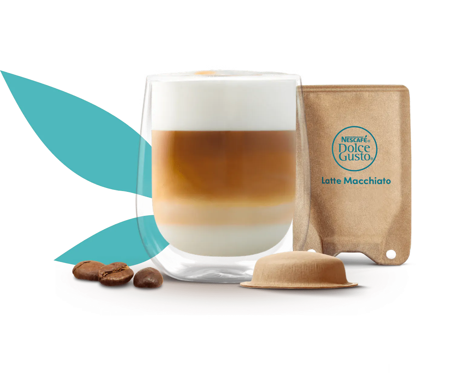 kop met latte macchiato naast een composteerbare pad en sachet